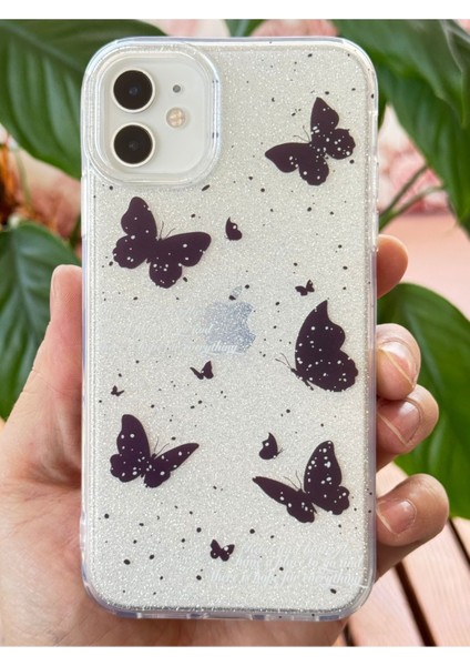 Apple iPhone 12/12 Pro Uyumlu Kılıf Simli Siyah Kelebek Desenli Renkli Parlak Darbe Emici Kapak modelleri