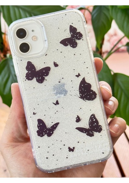 Apple iPhone 12/12 Pro Uyumlu Kılıf Simli Siyah Kelebek Desenli Renkli Parlak Darbe Emici Kapak fırsatları