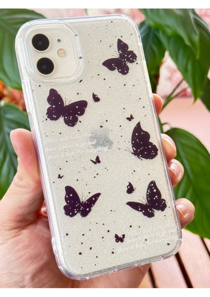 Apple iPhone 12/12 Pro Uyumlu Kılıf Simli Siyah Kelebek Desenli Renkli Parlak Darbe Emici Kapak indirimleri