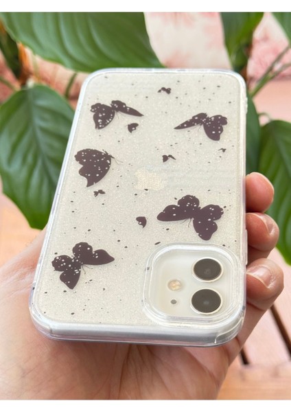 Apple iPhone 12/12 Pro Uyumlu Kılıf Simli Siyah Kelebek Desenli Renkli Parlak Darbe Emici Kapak