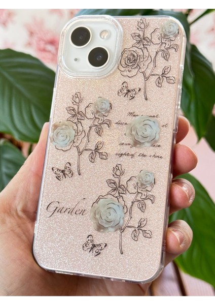 Apple iPhone 13/14 Uyumlu Kılıf Simli Beyaz Gül Desenli Renkli Parlak Darbe Emici Kapak