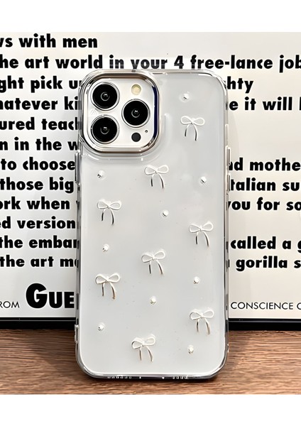 Apple iPhone 14 Pro Max Kılıf Fiyonk Desenli Şeffaf Simli Gümüş Kamera Çıkıntılı Parlak Kapak