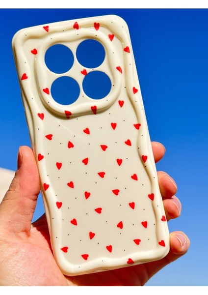 Xiaomi Redmi Note 14 Pro Kılıf Kamera Korumalı Dalga Kenarlı Kırmızı Kalp Desenli Silikon Kapak