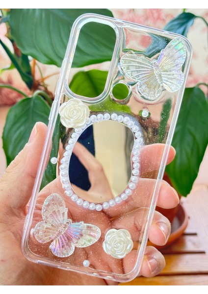 Xiaomi Redmi Note 8 Kılıf 3D Kelebek Gül Desenli Aynalı Simli Şeffaf Tasarımlı Silikon Kapak