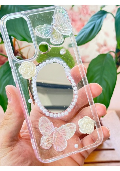 Xiaomi Redmi Note 8 Kılıf 3D Kelebek Gül Desenli Aynalı Simli Şeffaf Tasarımlı Silikon Kapak