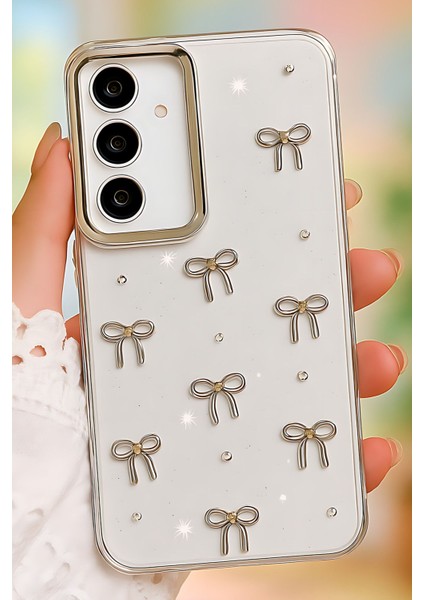 Samsung Galaxy S23 Uyumlu Kılıf Fiyonk Desenli Şeffaf Simli Gümüş Kamera Çıkıntılı Parlak Kapak fiyatları