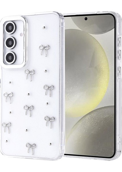Samsung Galaxy S23 Uyumlu Kılıf Fiyonk Desenli Şeffaf Simli Gümüş Kamera Çıkıntılı Parlak Kapak