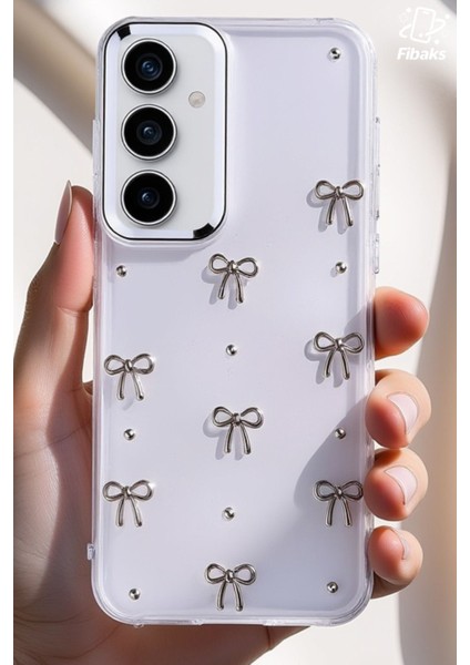 Samsung Galaxy S21 Fe Uyumlu Kılıf Fiyonk Desenli Şeffaf Simli Gümüş Kamera Çıkıntılı Parlak Kapak modelleri