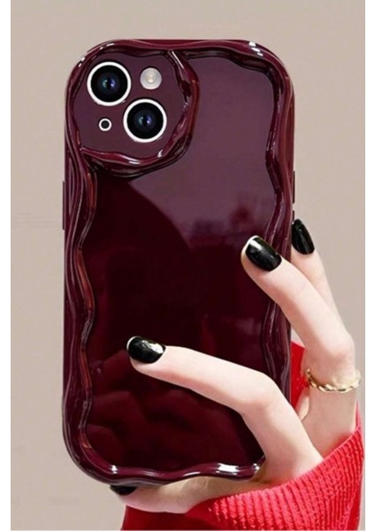 Apple iPhone 15 Uyumlu Kılıf Kamera Korumalı Dalga Kenarlı Darbe Emici Bordo Silikon Kapak