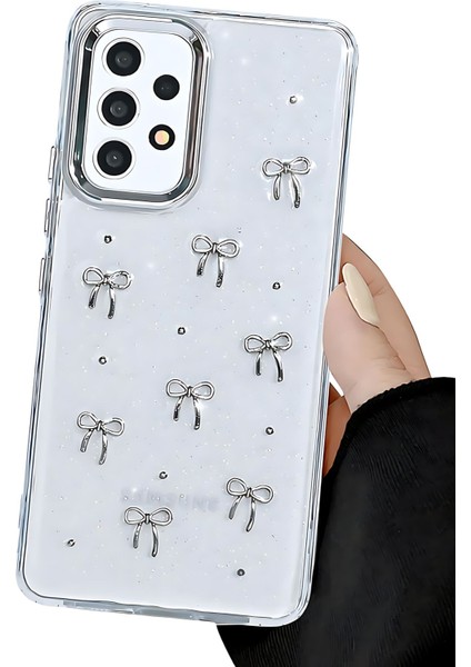 Samsung Galaxy A32 Kılıf Fiyonk Desenli Şeffaf Simli Gümüş Kamera Çıkıntılı Parlak Kapak