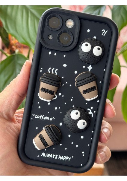 Apple iPhone 14/13 Kılıf Tasarımlı Desenli Kamera Korumalı Coffee Kurabiye Siyah Yumuşak Silikon Kapak