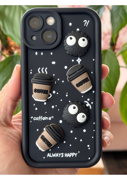 Apple iPhone 14/13 Kılıf Tasarımlı Desenli Kamera Korumalı Coffee Kurabiye Siyah Yumuşak Silikon Kapak