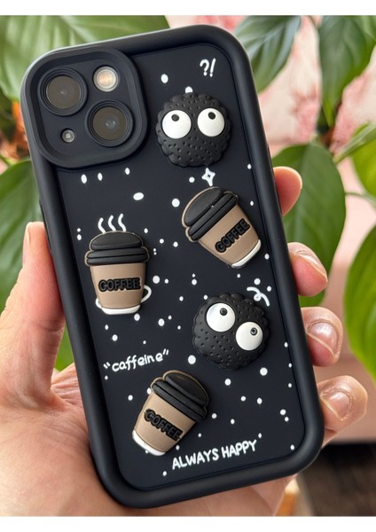 Apple iPhone 14/13 Kılıf Tasarımlı Desenli Kamera Korumalı Coffee Kurabiye Siyah Yumuşak Silikon Kapak