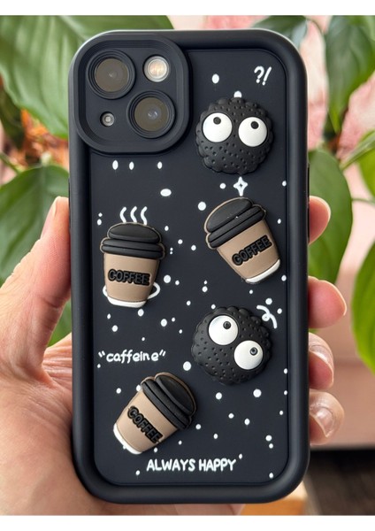 Apple iPhone 14/13 Kılıf Tasarımlı Desenli Kamera Korumalı Coffee Kurabiye Siyah Yumuşak Silikon Kapak