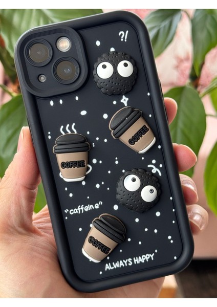 Apple iPhone 14/13 Kılıf Tasarımlı Desenli Kamera Korumalı Coffee Kurabiye Siyah Yumuşak Silikon Kapak