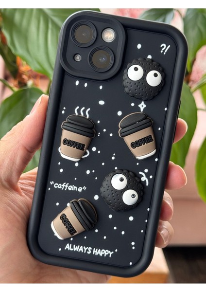 Apple iPhone 14/13 Kılıf Tasarımlı Desenli Kamera Korumalı Coffee Kurabiye Siyah Yumuşak Silikon Kapak