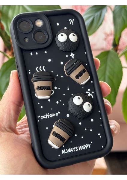 Apple iPhone 14/13 Kılıf Tasarımlı Desenli Kamera Korumalı Coffee Kurabiye Siyah Yumuşak Silikon Kapak