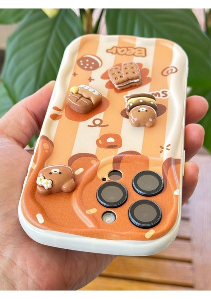 Apple iPhone 14 Pro Kılıf Tasarımlı Desenli Kamera Korumalı Ayıcık Bisküvi Renkli Cofffe Silikon Kapak