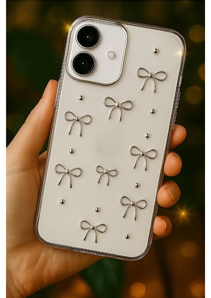 Apple iPhone 16 Plus Kılıf Fiyonk Desenli Şeffaf Simli Gümüş Kamera Çıkıntılı Parlak Kapak fırsatları