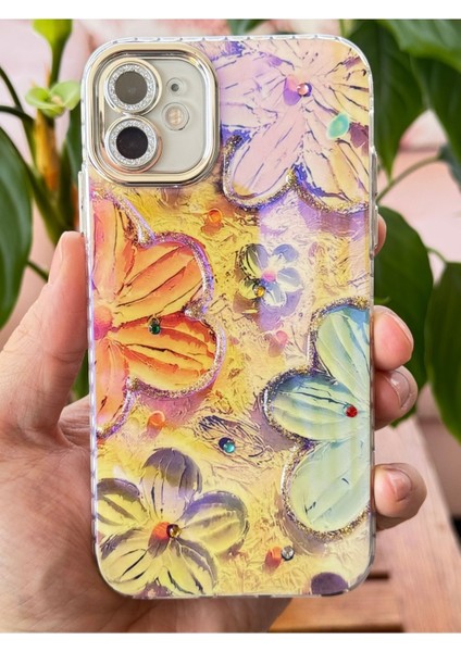 Apple iPhone 11 Kılıf Renk Değiştiren Taşlı Kamera Lens Korumalı Pembe Çiçek Desenli Darbe Emici Kapak modelleri