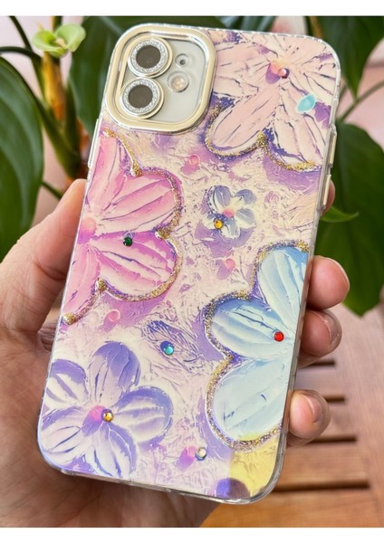 Apple iPhone 11 Kılıf Renk Değiştiren Taşlı Kamera Lens Korumalı Pembe Çiçek Desenli Darbe Emici Kapak indirimleri