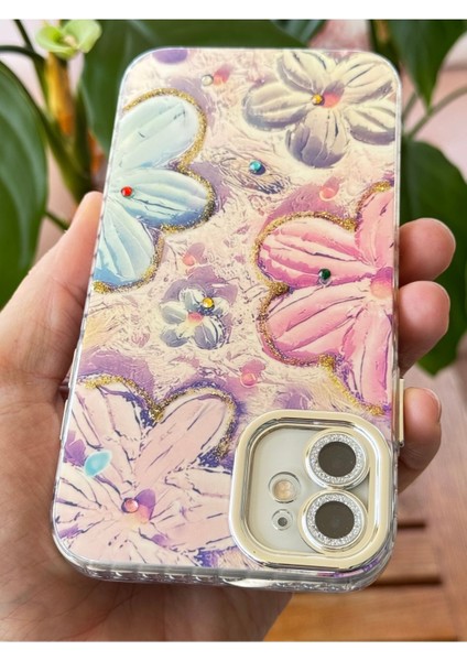 Apple iPhone 11 Kılıf Renk Değiştiren Taşlı Kamera Lens Korumalı Pembe Çiçek Desenli Darbe Emici Kapak