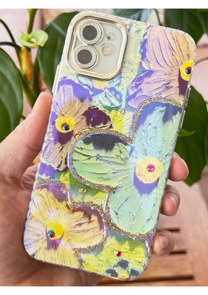 Apple iPhone 11 Kılıf Renk Değiştiren Taşlı Kamera Lens Korumalı Mavi Çiçek Desenli Darbe Emici Kapak fiyatları
