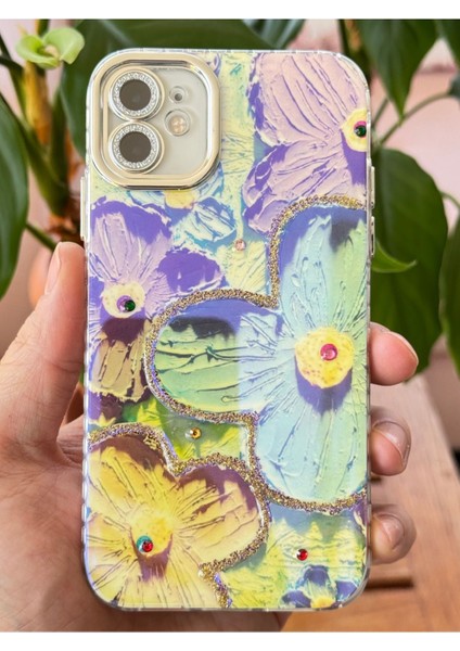 Apple iPhone 11 Kılıf Renk Değiştiren Taşlı Kamera Lens Korumalı Mavi Çiçek Desenli Darbe Emici Kapak modelleri