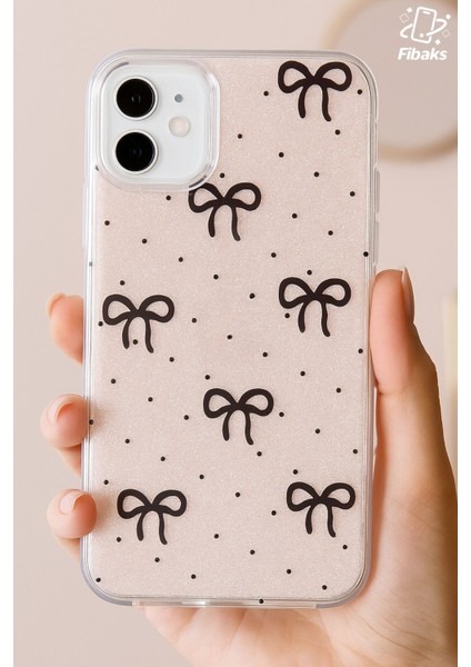 Apple iPhone 11 Uyumlu Kılıf Simli Siyah Fiyonk Desenli Renkli Parlak Darbe Emici Kapak