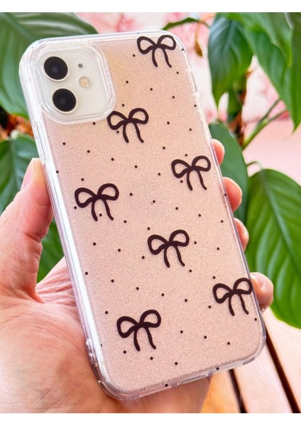 Apple iPhone 11 Uyumlu Kılıf Simli Siyah Fiyonk Desenli Renkli Parlak Darbe Emici Kapak