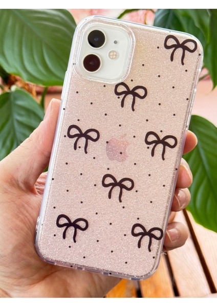 Apple iPhone 11 Uyumlu Kılıf Simli Siyah Fiyonk Desenli Renkli Parlak Darbe Emici Kapak