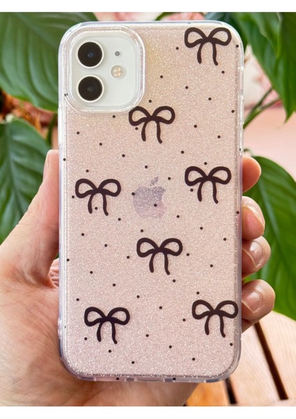 Apple iPhone 11 Uyumlu Kılıf Simli Siyah Fiyonk Desenli Renkli Parlak Darbe Emici Kapak