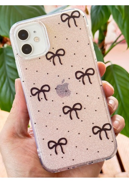 Apple iPhone 11 Uyumlu Kılıf Simli Siyah Fiyonk Desenli Renkli Parlak Darbe Emici Kapak