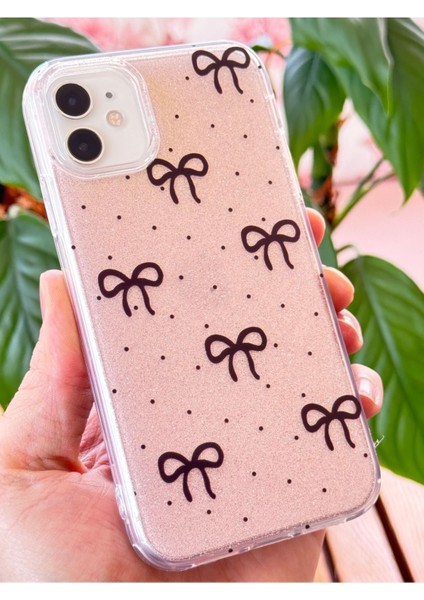 Apple iPhone 11 Uyumlu Kılıf Simli Siyah Fiyonk Desenli Renkli Parlak Darbe Emici Kapak