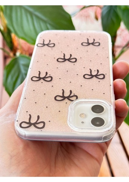Apple iPhone 11 Uyumlu Kılıf Simli Siyah Fiyonk Desenli Renkli Parlak Darbe Emici Kapak
