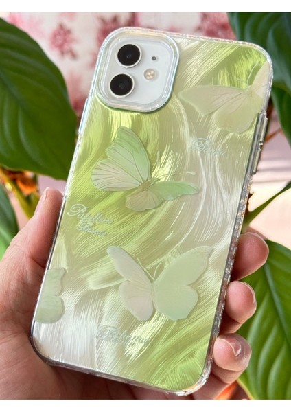 Apple iPhone 11 Uyumlu Kılıf Parlak Hologramlı Yeşil Kelebek Desenli Darbe Emici Kamera Korumalı Silikon
