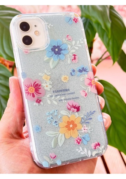 Apple iPhone 11 Uyumlu Kılıf Mavi Simli Çiçek Desenli Renkli Parlak Darbe Emici Kapak