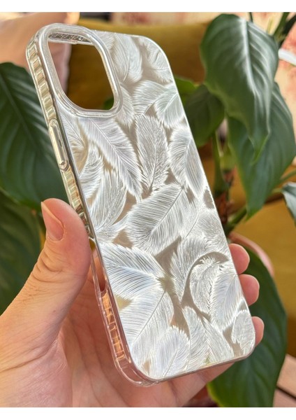Apple iPhone 16 Kılıf Parlak Beyaz Yaprak Desenli Darbe Emici Kamera Korumalı Renkli Kapak