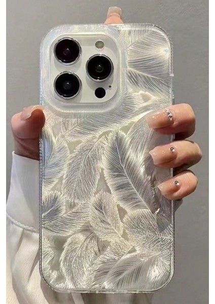Apple iPhone 16 Pro Max Kılıf Parlak Beyaz Yaprak Desenli Darbe Emici Kamera Korumalı Renkli Kapak