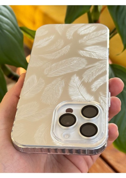Apple iPhone 16 Pro Max Kılıf Parlak Beyaz Yaprak Desenli Darbe Emici Kamera Korumalı Renkli Kapak