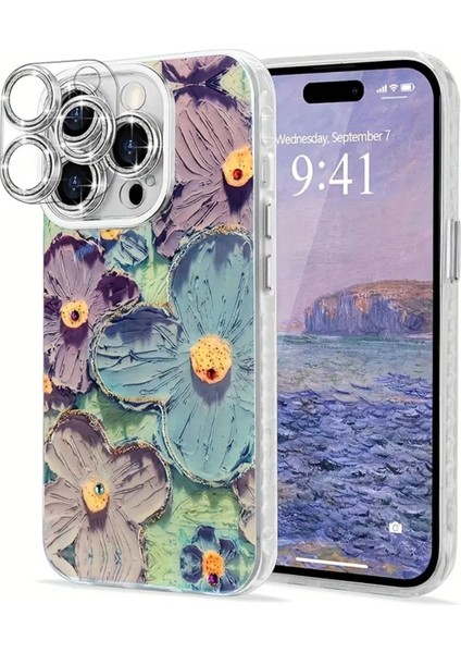 Apple iPhone 16 Pro Max Kılıf Renk Değiştiren Taşlı Kamera Lens Korumalı Mavi Çiçek Desenli Darbe Emici fiyatları