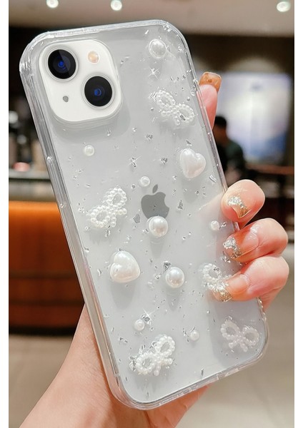 Apple iPhone 13/14 Uyumlu Kılıf Fiyonk ve Inci Desenli Şeffaf Simli Kamera Çıkıntılı Parlak Kapak