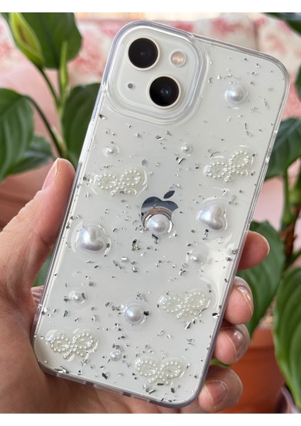 Apple iPhone 13/14 Uyumlu Kılıf Fiyonk ve Inci Desenli Şeffaf Simli Kamera Çıkıntılı Parlak Kapak modelleri