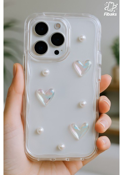 Apple iPhone 13 Pro Kılıf 3D Kalpli Inci Tasarımlı Desenli Kamera Korumalı Şeffaf Silikon Kapak