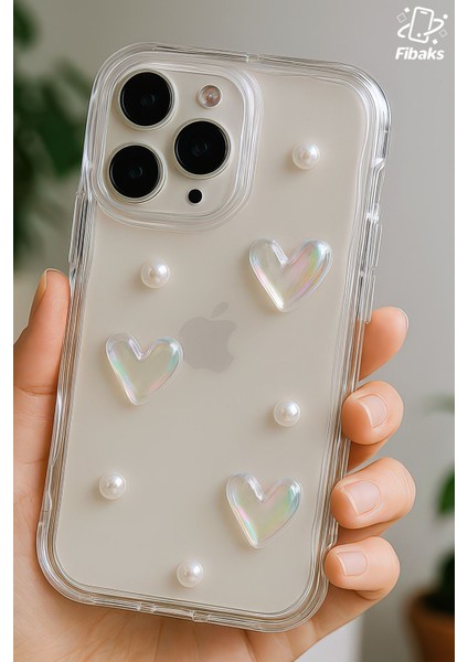 Apple iPhone 13 Pro Kılıf 3D Kalpli Inci Tasarımlı Desenli Kamera Korumalı Şeffaf Silikon Kapak