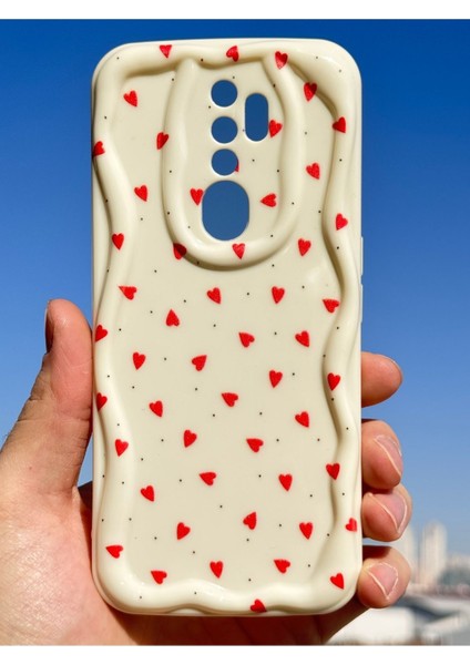 Oppo A5 - A9 2020 Kılıf Kamera Korumalı Dalga Kenarlı Kırmızı Kalp Desenli Silikon Kapak
