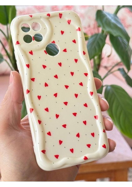 Oppo A15 - A15S Kılıf Kamera Korumalı Dalga Kenarlı Kırmızı Kalp Desenli Silikon Kapak