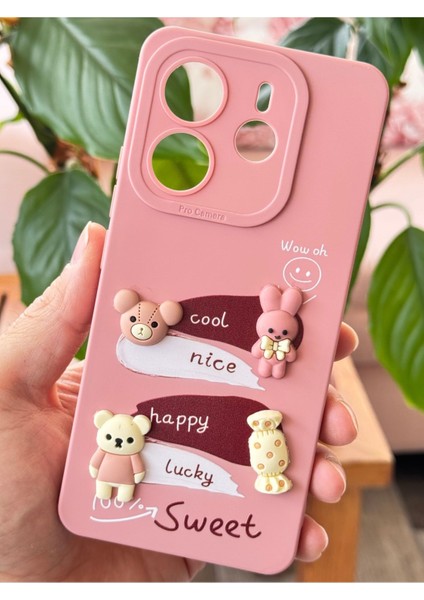 Xiaomi Redmi Note 14 4g Kılıf Kamera Korumalı Tavşan Figürlü Pembe Yumuşak Silikon Kapak