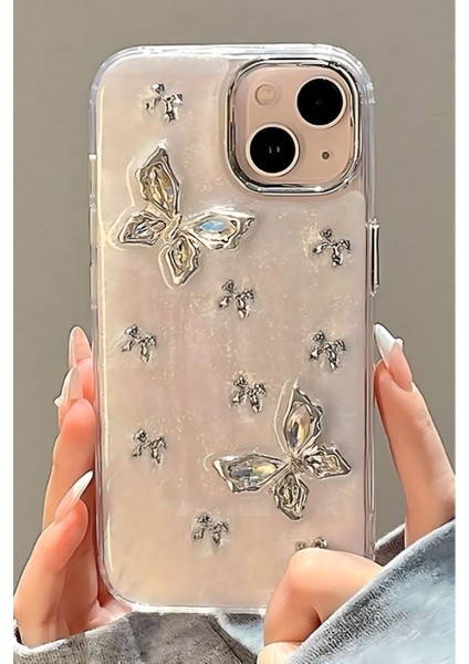 Apple iPhone 13 - 14 - 15 Kılıf Simli Fiyonk ve Kelebek Desenli Gümüş Kamera Çıkıntılı Parlak Kapak fiyatları