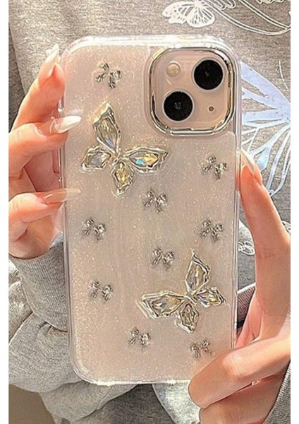 Apple iPhone 13 - 14 - 15 Kılıf Simli Fiyonk ve Kelebek Desenli Gümüş Kamera Çıkıntılı Parlak Kapak fırsatları